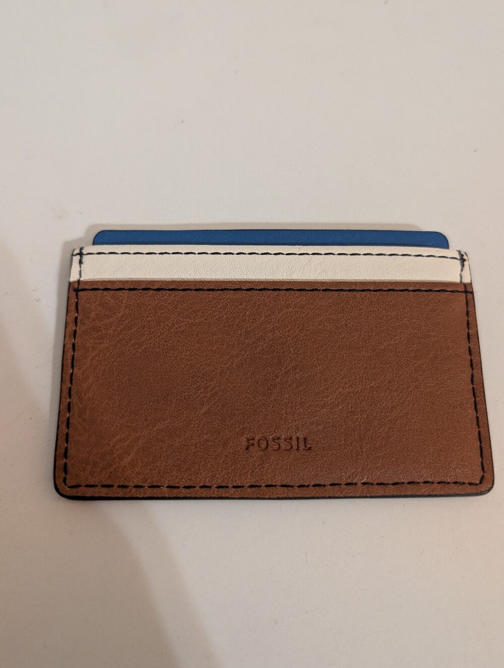 Fossil Card Holder Wallet Brown White Blue Leather Mens Money